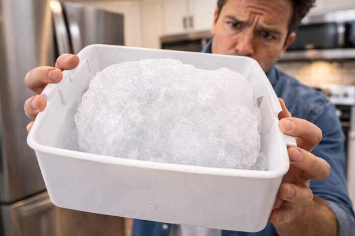 A frustrated homeowner holding a solid block of ice clumping in bin Samsung refrigerator.