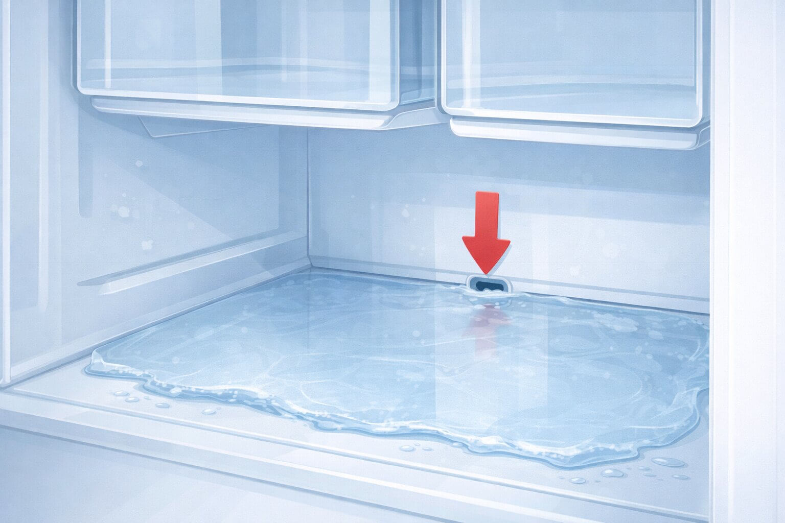 Clogged refrigerator defrost drain causing ice buildup under crisper drawers