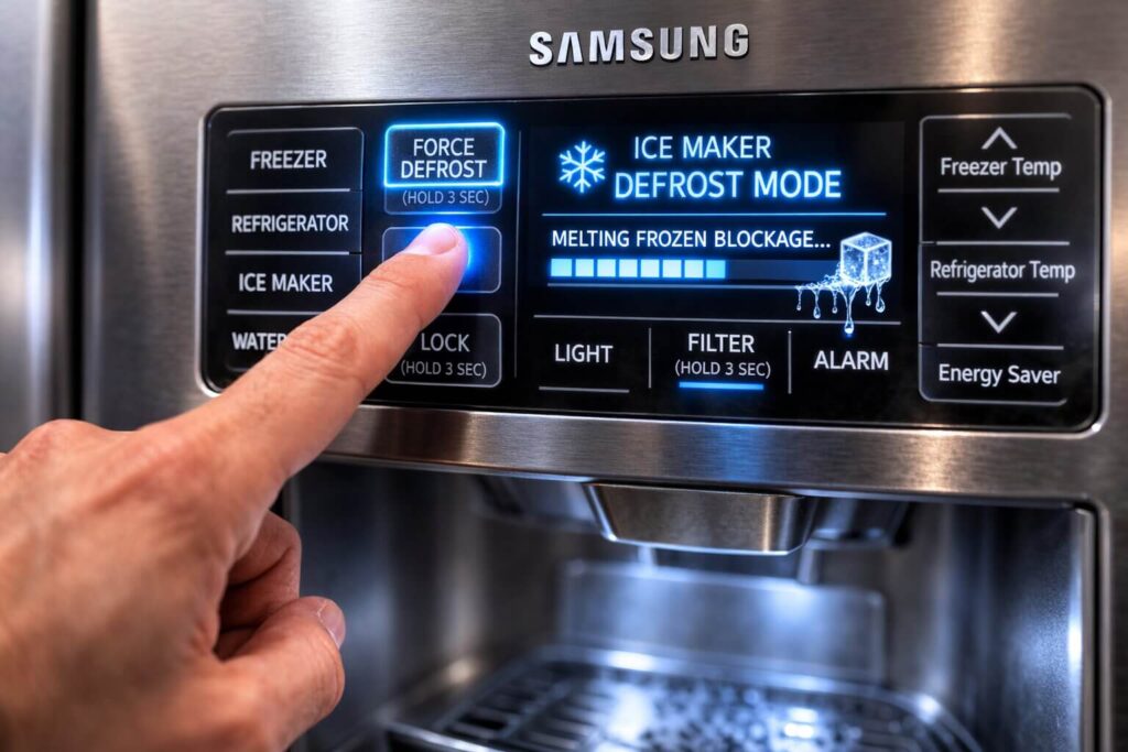 A finger pressing buttons to activate the force defrost Samsung ice maker mode to melt a frozen blockage.
