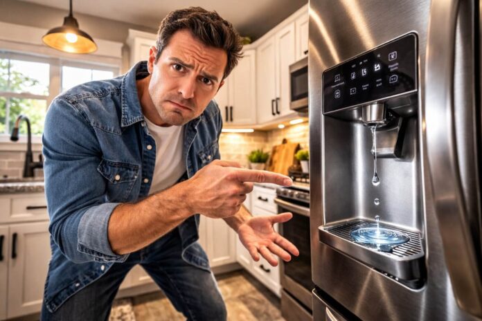A homeowner frustrated because their refrigerator water dispenser drips after use, creating a puddle.