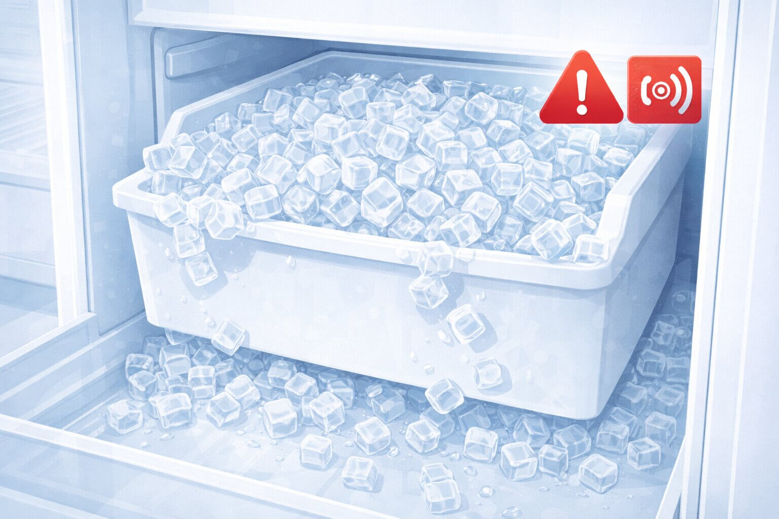 Overflowing refrigerator ice maker bin with ice spilling out