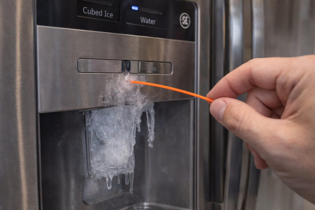 Using trimmer line to clear frozen water out of a refrigerator door dispenser nozzle.