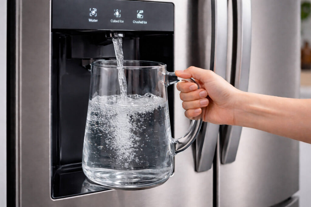User flushing a new refrigerator water filter by filling a clear pitcher to remove loose carbon dust and air bubbles from the system.