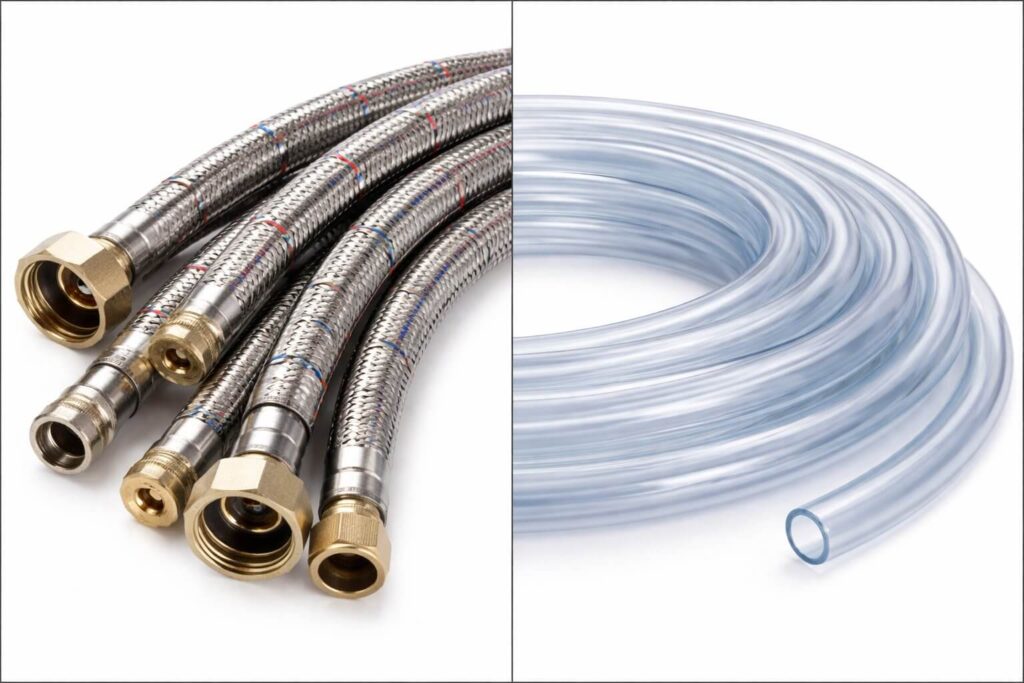 Comparison of a degrading vinyl plastic water tube versus a food-grade braided stainless steel refrigerator supply line to prevent plastic taste.