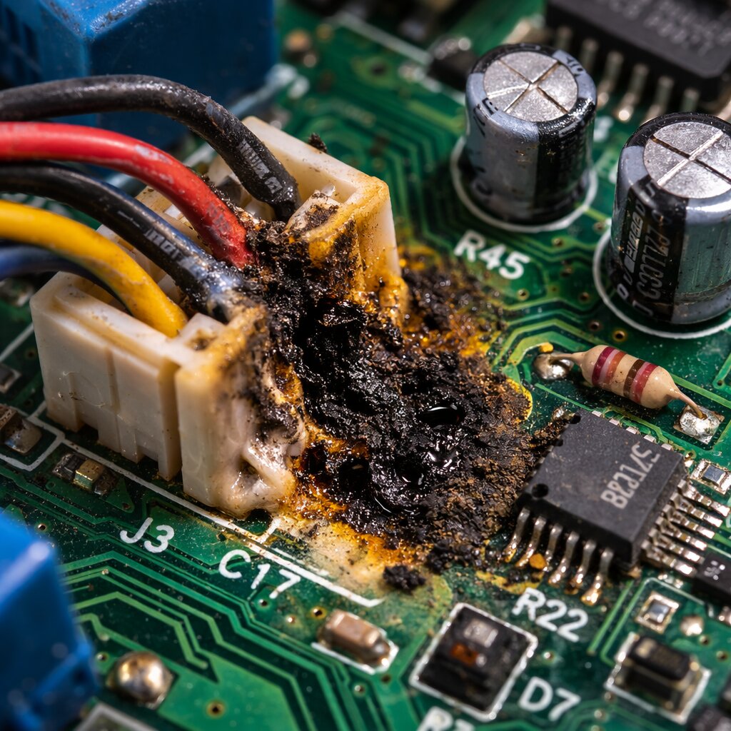 A scorched refrigerator control board causing a burning plastic smell