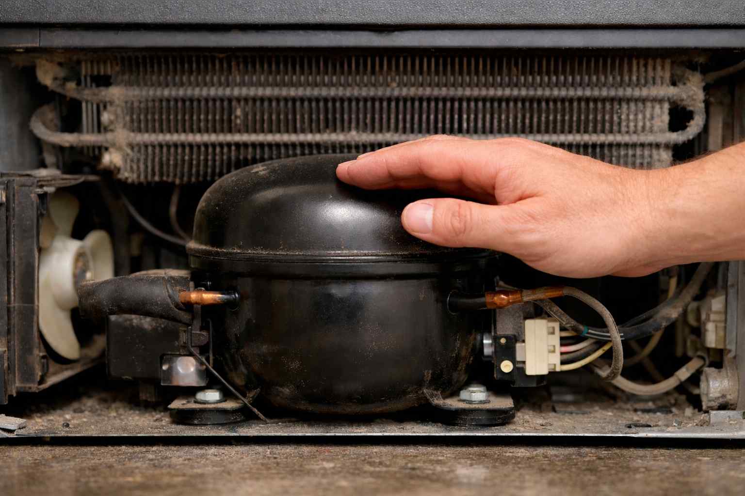 A person's hand hovering cautiously near a large, black, dome-shaped metal refrigerator compressor tank to check its temperature
