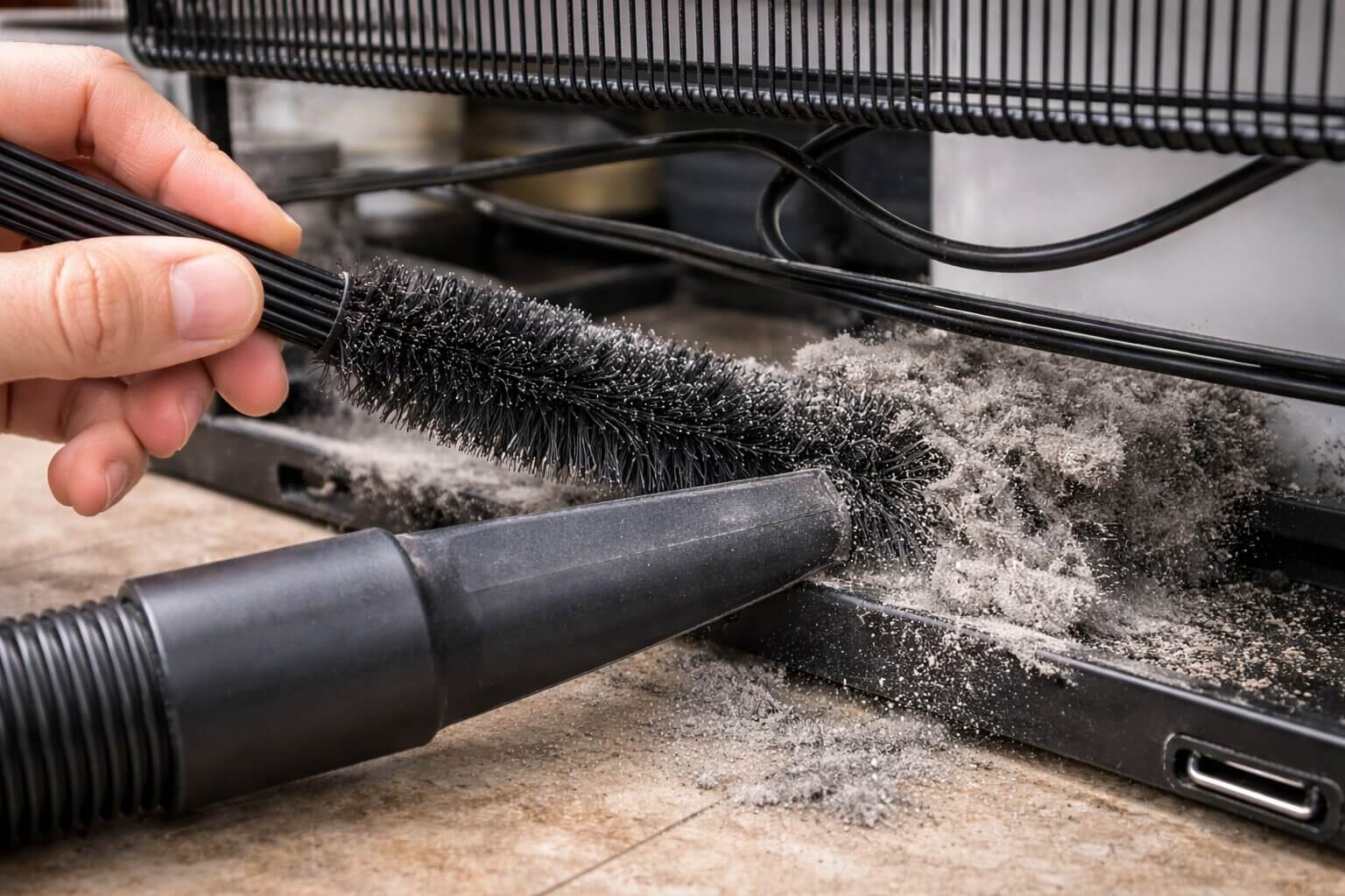 Cleaning dirty refrigerator condenser coils with a flexible bristle brush