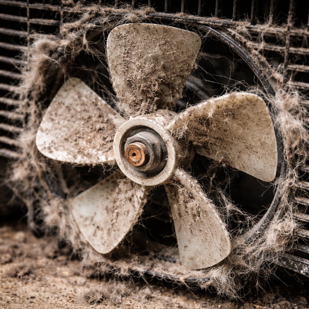 A dirty refrigerator condenser fan covered in dust and pet hair