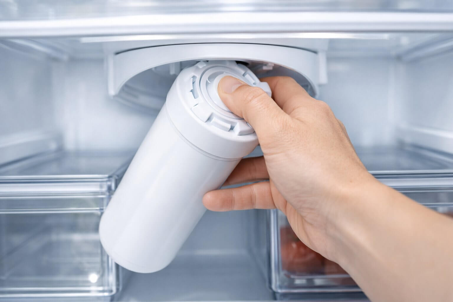 Hand firmly twisting a Samsung water filter counter-clockwise exactly 90 degrees