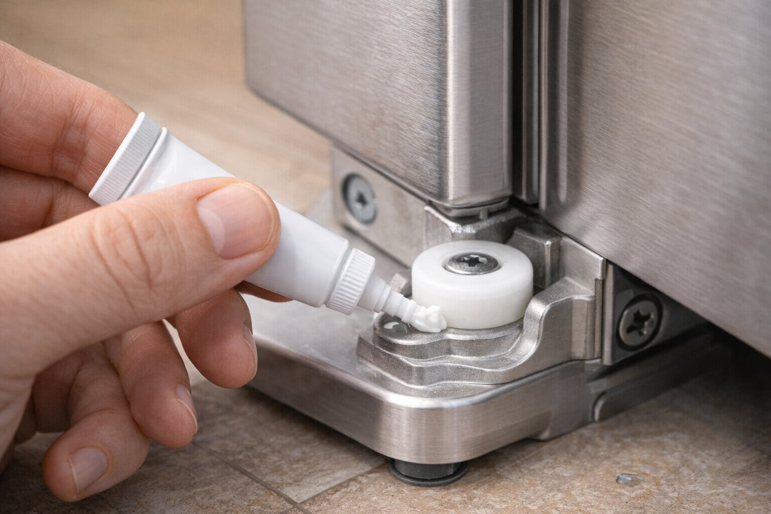 Lubricating a refrigerator door hinge cam with silicone grease