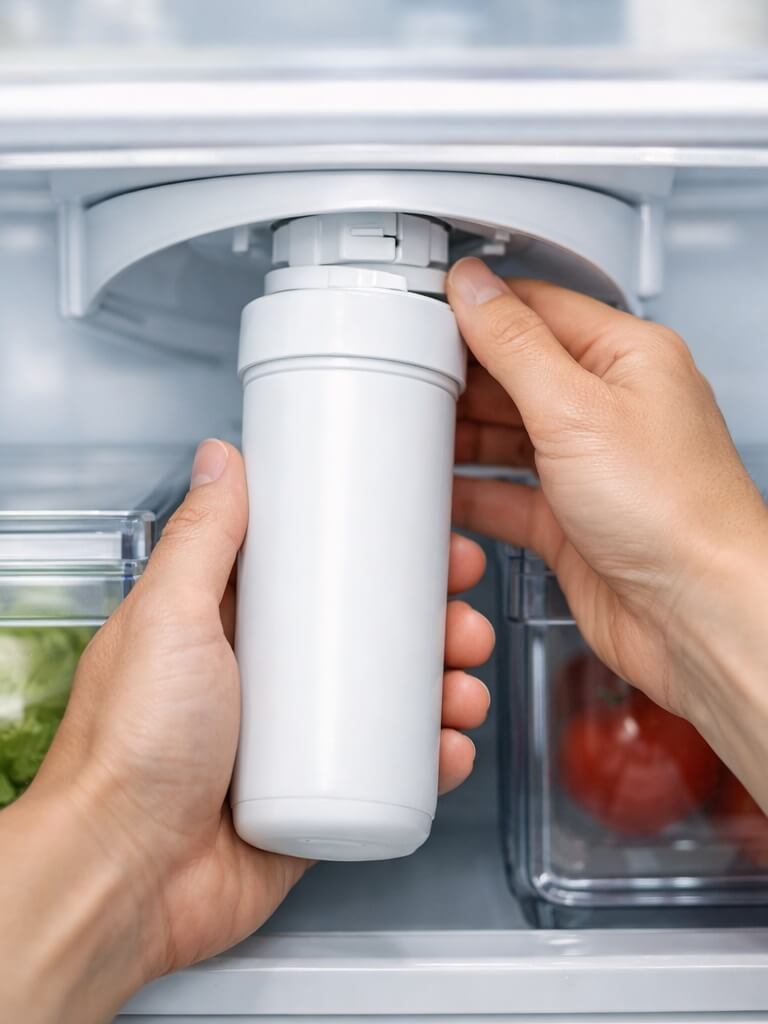 A person replacing a Samsung refrigerator water filter cartridge