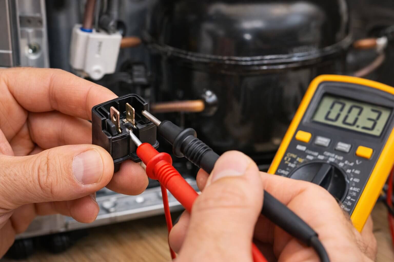 Using a multimeter to test a refrigerator compressor start relay for continuity