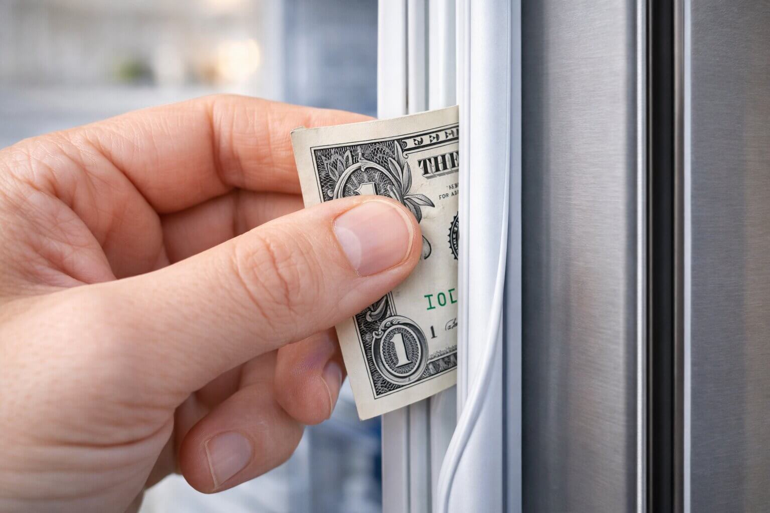Testing refrigerator door gasket seal with a dollar bill