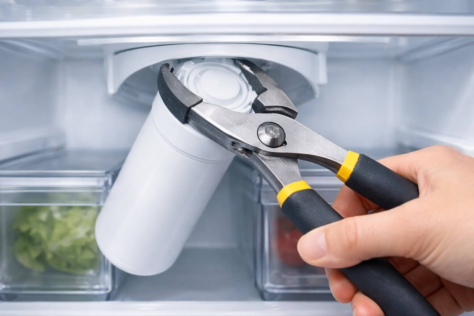 Using specialized filter pliers with rubber jaws to remove a stuck water filter